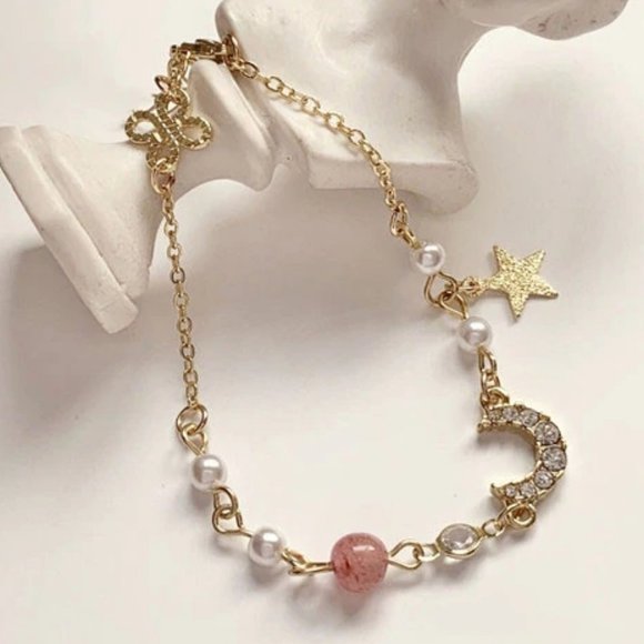 *NEW Gold Diamond Moonstone Pearl Star Bracelet - Picture 1 of 9